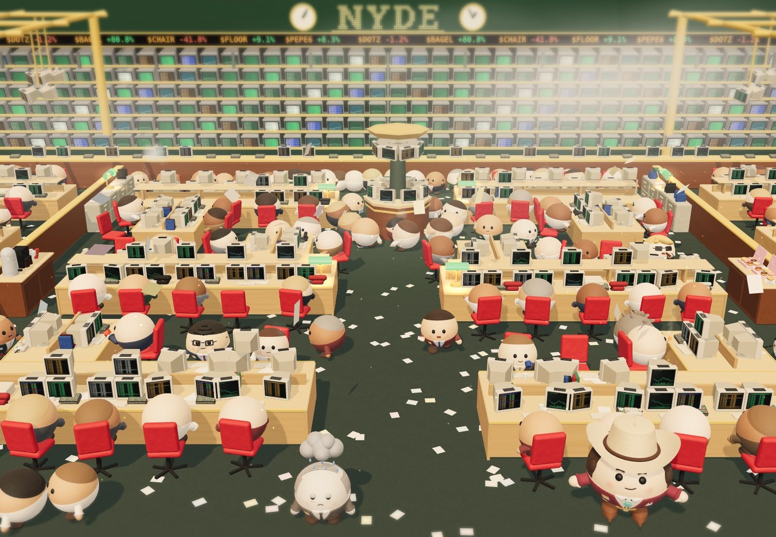 The NYDE trading floor: rows of desks with red chairs, round little traders at their screens, a crowd around the trading post and a wall of green monitors under the NYDE sign.